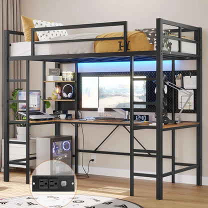 Twin Loft Bed with Desk and Outlets - Space-Saving Design with LED Lights