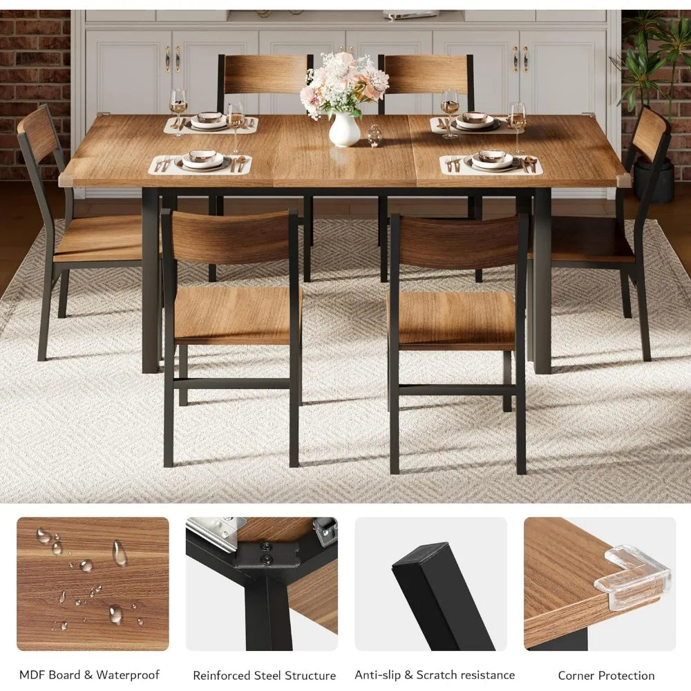 Extendable Modern Walnut Dining Table and Chair Set – 7-Piece Set for 4-8 Persons