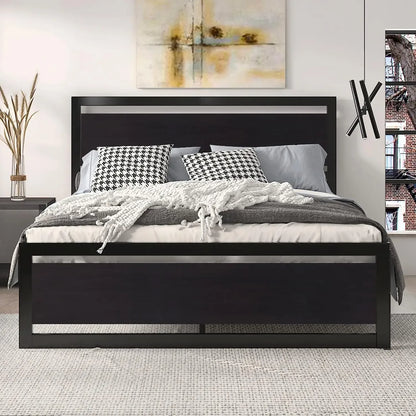Modern Queen Bed Frame - Sturdy Metal and Wood Construction, No Box Spring Needed