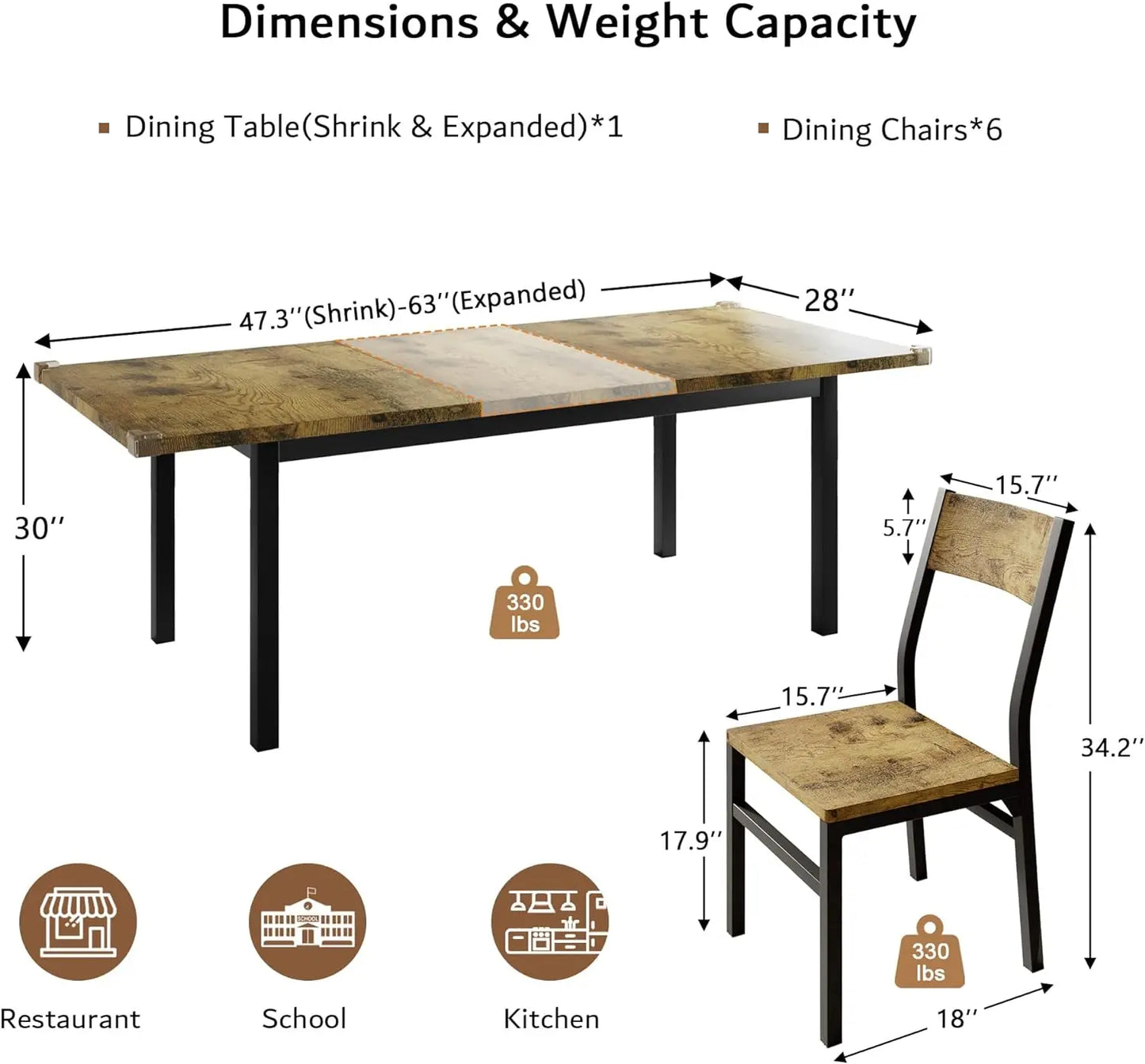 Extendable Modern Walnut Dining Table and Chair Set – 7-Piece Set for 4-8 Persons