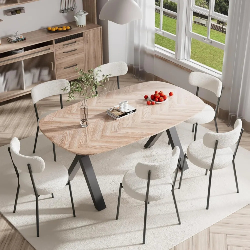 7-Piece Modern Dining Set – MDF Table with 6 Boucle Fabric Chairs, Minimalist Design for Kitchens and Dining Rooms