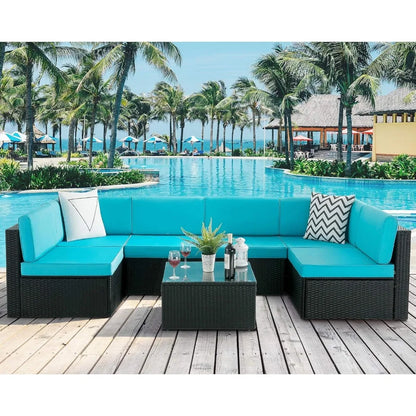 7-Piece Outdoor Patio Furniture Set – PE Rattan Sofa Set with Glass-Top Coffee Table, Cushioned Seating for 6+