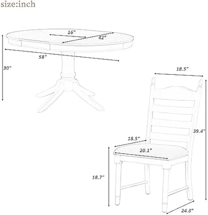 5-Piece Extendable Dining Set – Retro Solid Wood Table with 4 Ladder-Back Chairs, Woven Fabric Cushions, Off White