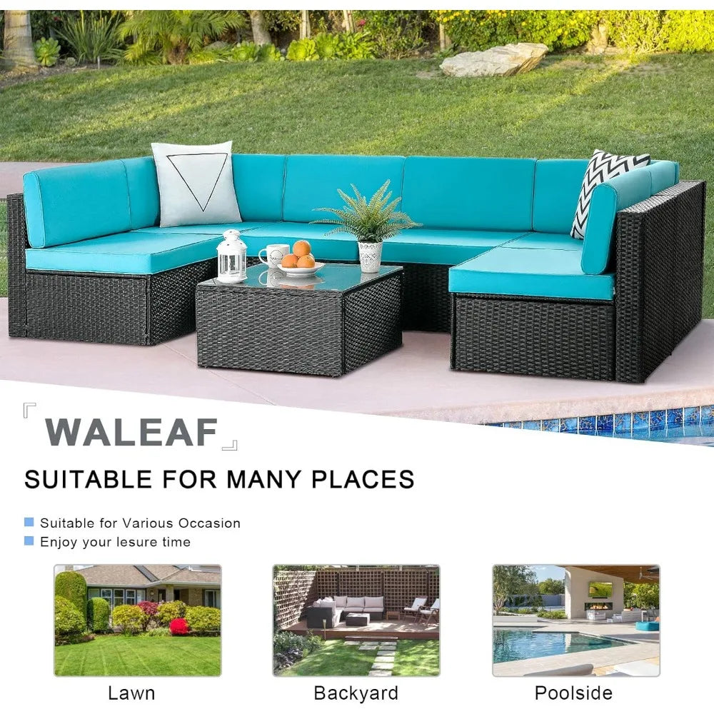 7-Piece Outdoor Patio Furniture Set – PE Rattan Sofa Set with Glass-Top Coffee Table, Cushioned Seating for 6+