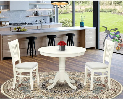 3-Piece Dining Room Set – Round Pedestal Table and 2 Wooden Chairs, 36"x36", Linen White