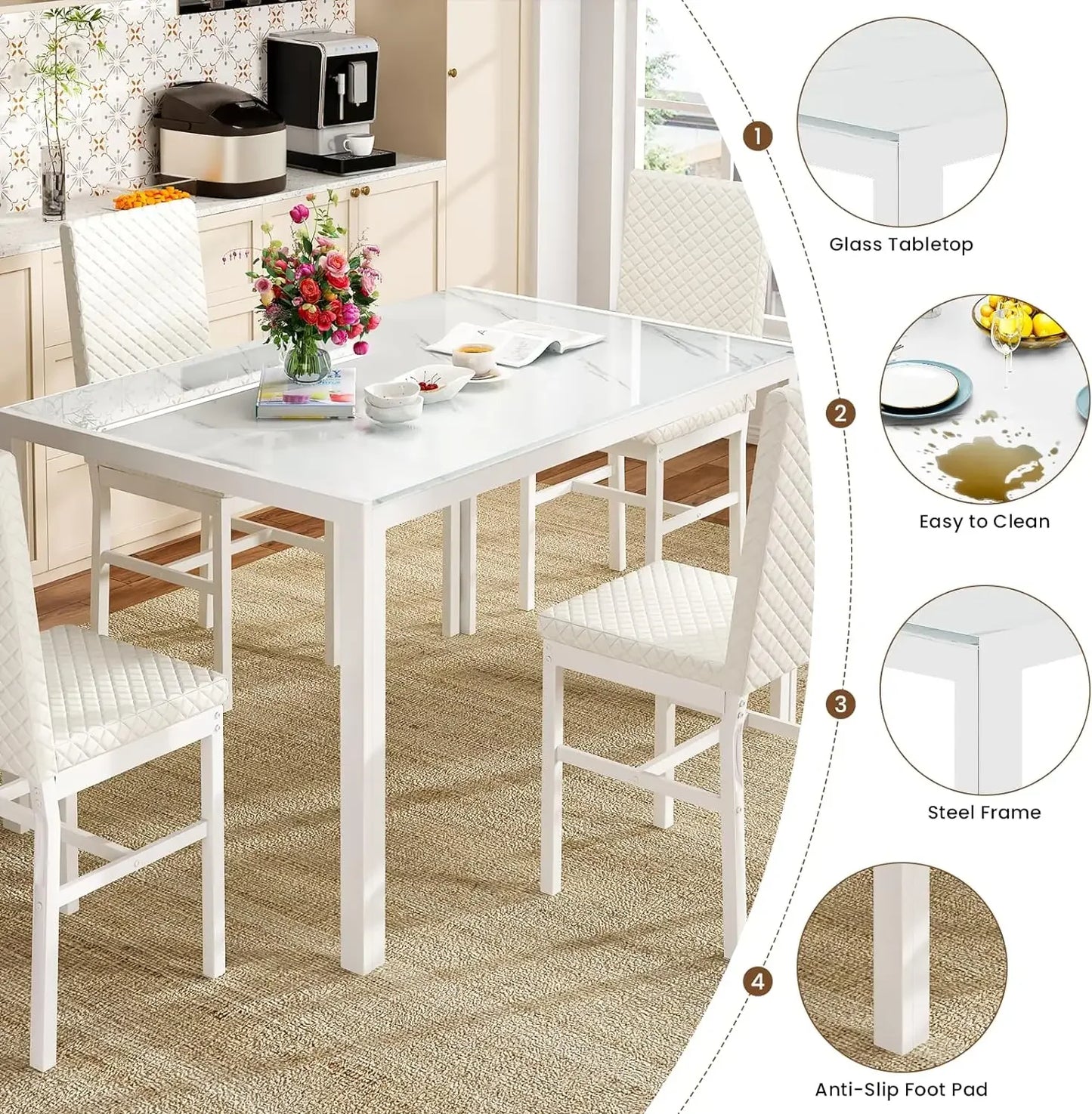 Kitchen Dining Table Set for 4, Modern Rectangular 5 Piece Dining Room Table and Chairs Set, Brown wooden Metal Table Set