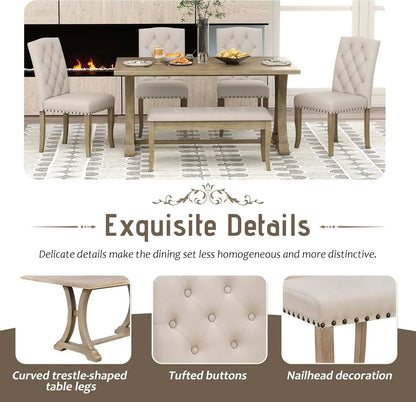 Farmhouse 6-Piece Dining Room Set – Rectangular Trestle Table, 4 Upholstered Chairs & Bench, Kitchen Furniture Set