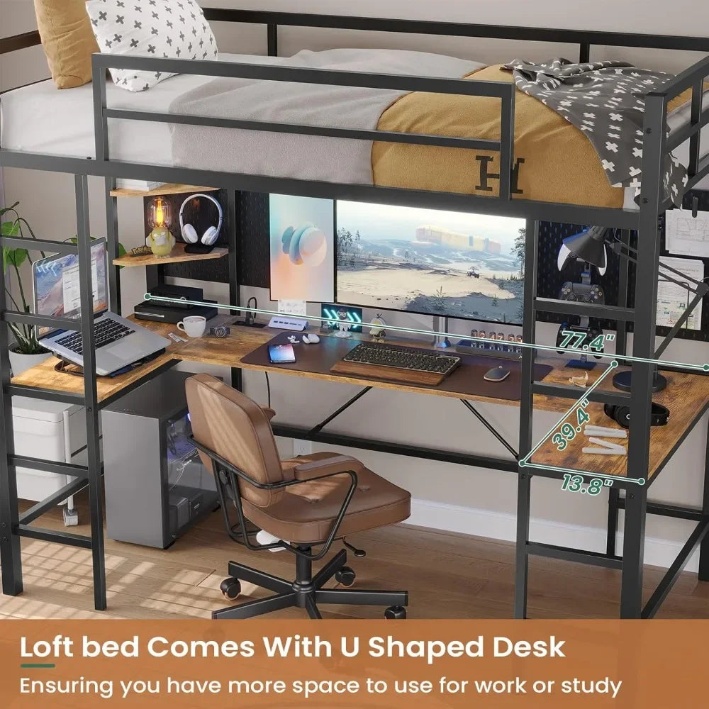 Twin Loft Bed with Desk and Outlets - Space-Saving Design with LED Lights