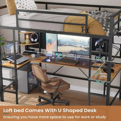 Twin Loft Bed with Desk and Outlets - Space-Saving Design with LED Lights