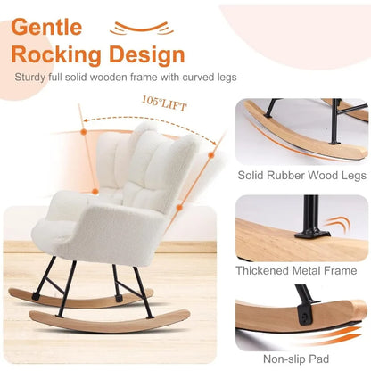 Ergonomic High-Back Papasan Rocking Chair with Wooden Legs and Soft Fabric Cushion