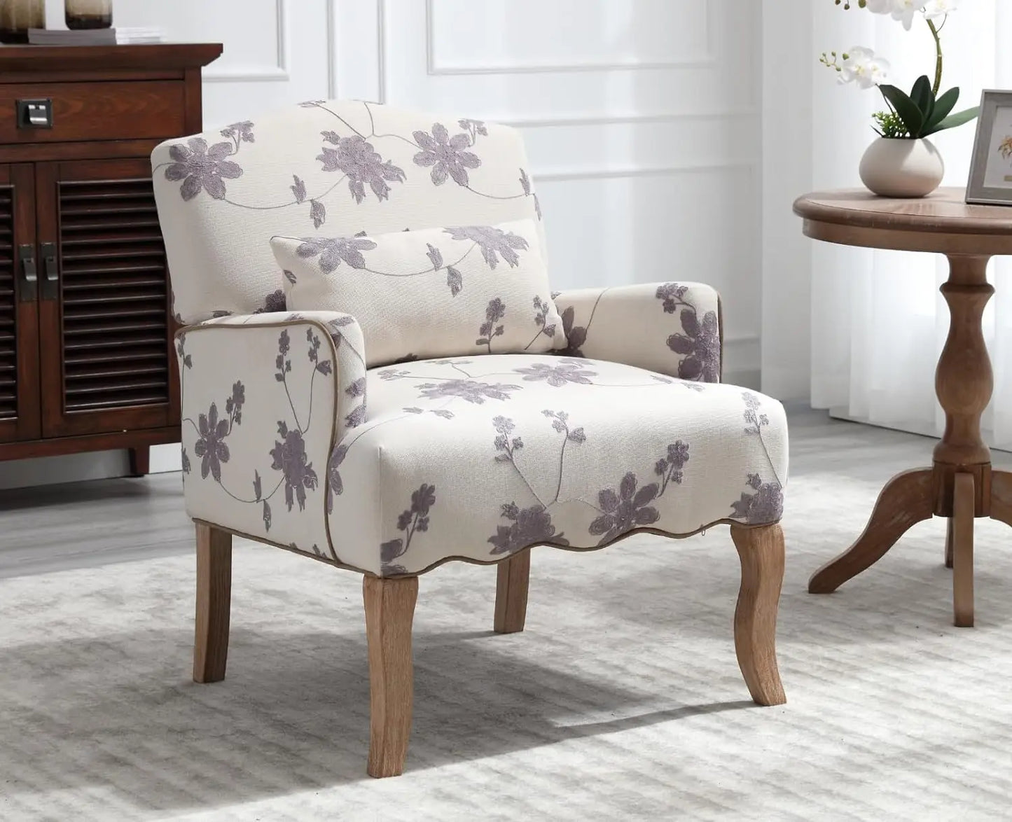 Elegant Modern Armchair with Embroidered Design and Lumbar Support Pillow, 300 lbs Capacity