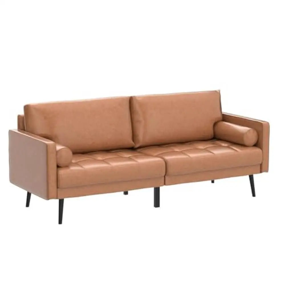 Mid-Century Modern Faux Leather Sofa with Metal Legs and Bolster Pillows – 3-Seater, 73" W