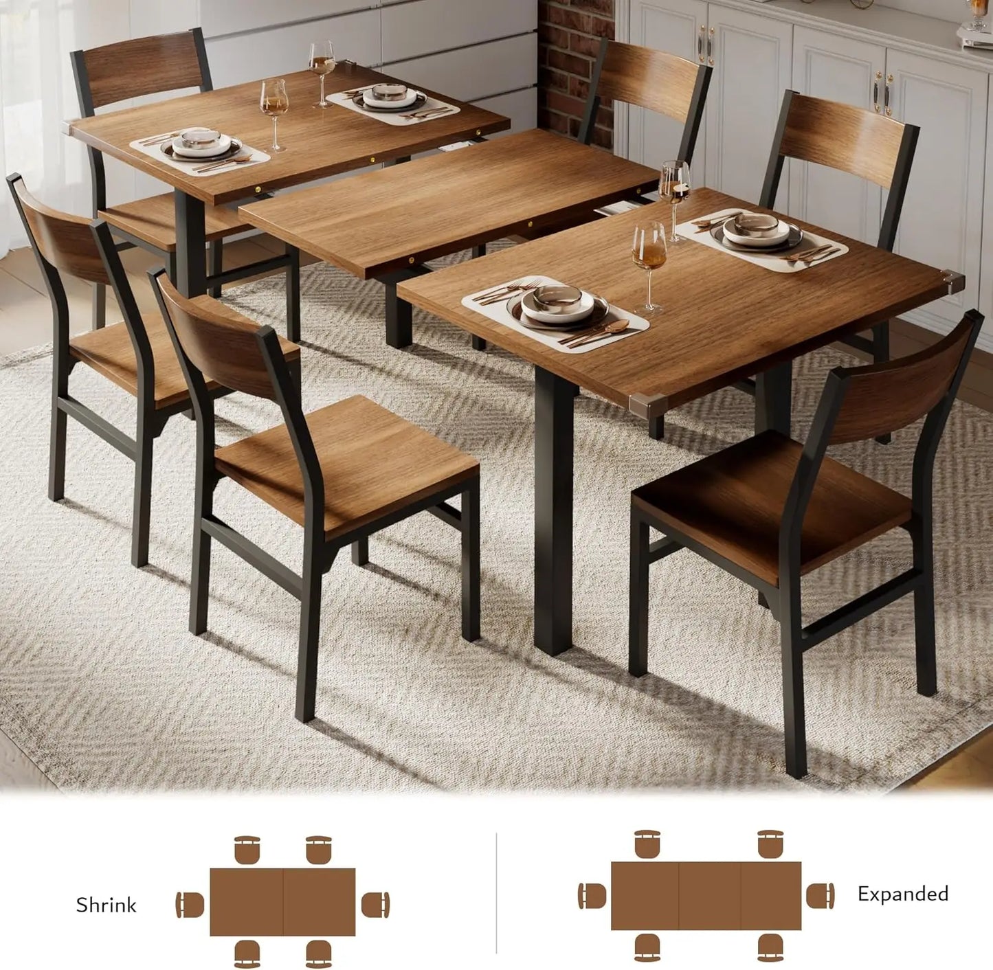 Modern Extendable Dining Table and 6 Chair Set for Dining Room, Living Room, and Kitchen