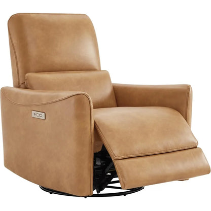 Faux Leather Power Glider Swivel Rocker Recliner Chair with USB Ports and Extended Footrest – Cognac Brown