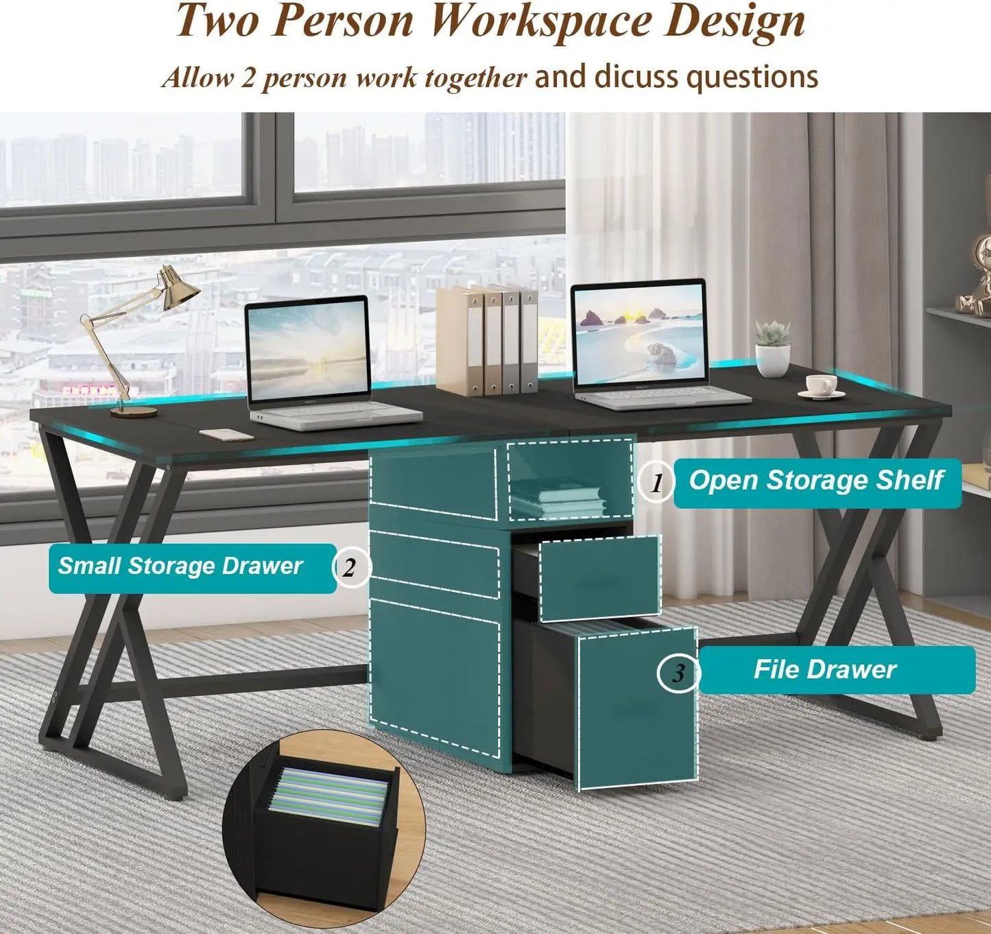 LVB Double Desk - Industrial Style Writing and Computer Desk with Storage