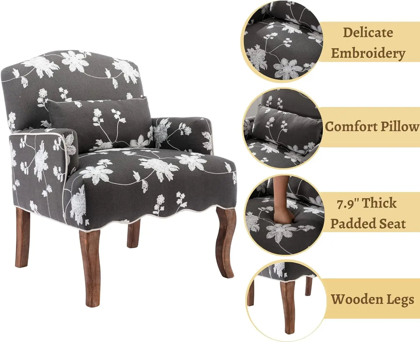 Elegant Modern Armchair with Embroidered Design and Lumbar Support Pillow, 300 lbs Capacity