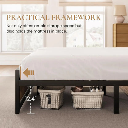 Modern Queen Bed Frame - Sturdy Metal and Wood Construction, No Box Spring Needed