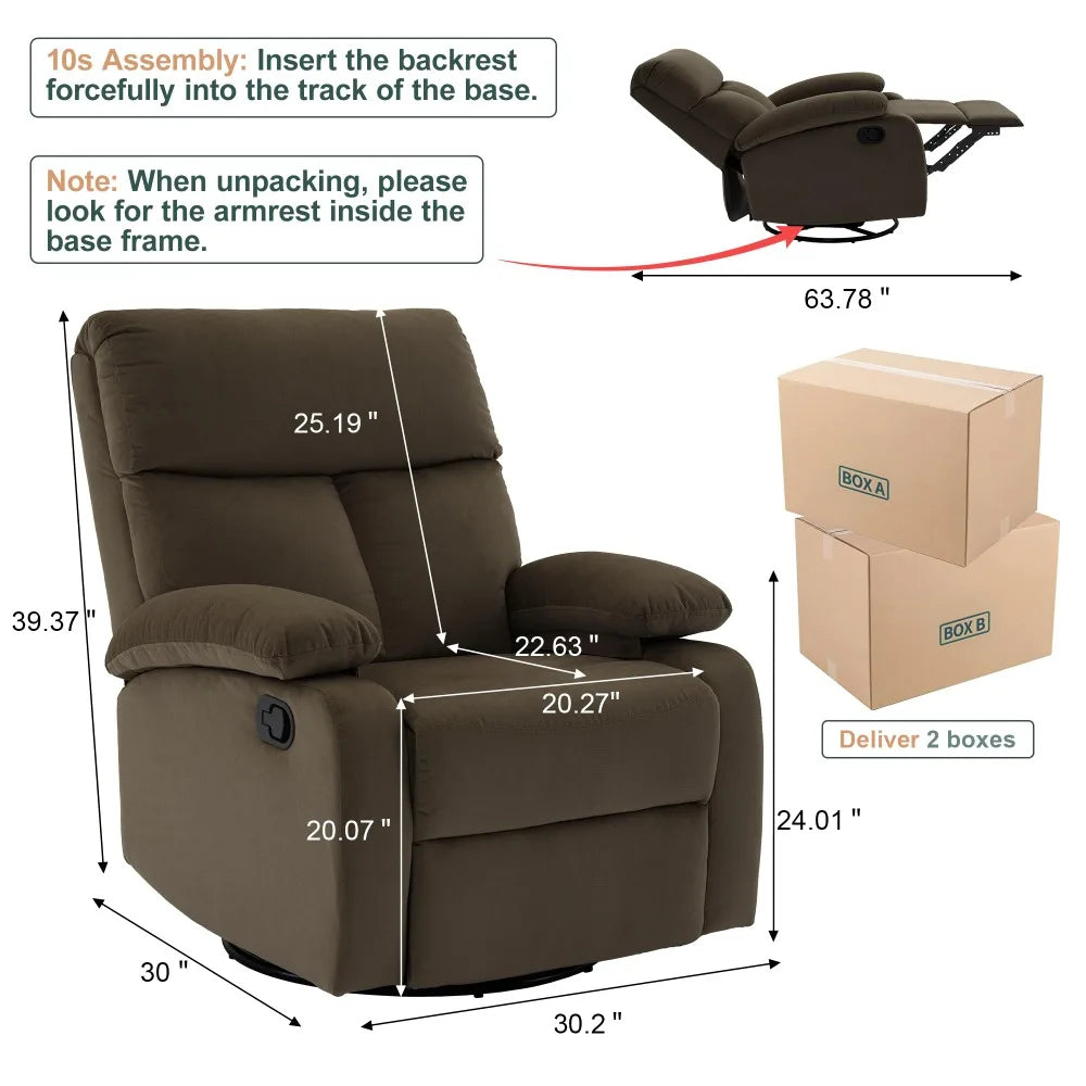 Versatile Swivel Rocker Recliner Chair with Memory Foam Cushion and 360° Swivel, Ideal for Small Spaces, RV, and Nursery