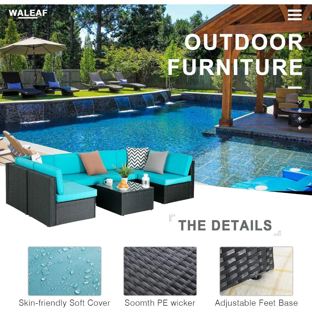 7-Piece Outdoor Patio Furniture Set – PE Rattan Sofa Set with Glass-Top Coffee Table, Cushioned Seating for 6+