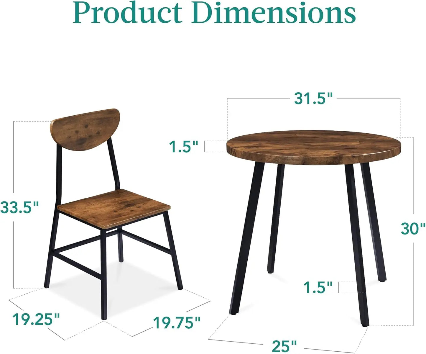 Mid-Century Modern 2-Person Dining Set – Round Wooden Table with Metal Legs and 2 Chairs, Space-Saving Design for Small Spaces