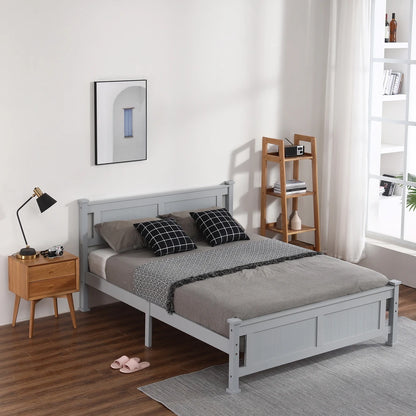 Solid Wood Bed Frame with Geometric Pattern Headboard – Available in Queen, Full, and Twin Sizes, Grey Finish, Easy Assembly, No Box Spring Needed