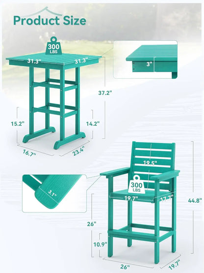 3-Piece Outdoor Bar Set – HDPE Lumber Patio Barstools with Square Bar Table, Minimalist Modern Design for Garden or Patio