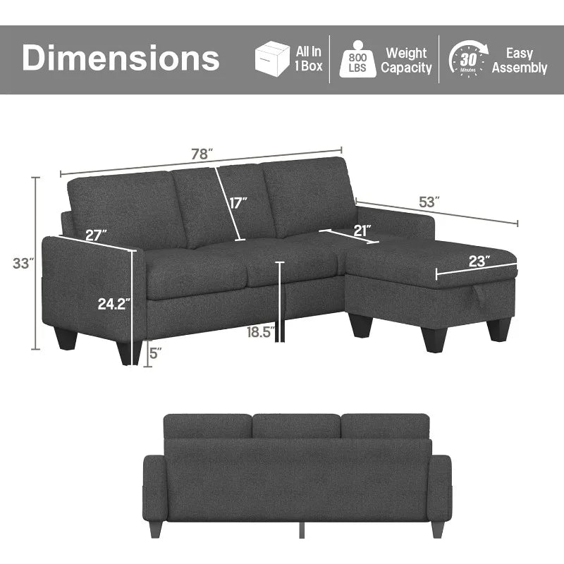 Modern Hemp Fabric Sofa – L-Shaped Sectional Sofa with Wide Seating and Low Seat Height, 78 Inches Wide