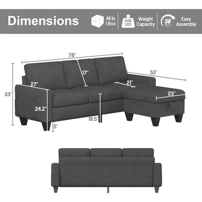 Modern Hemp Fabric Sofa – L-Shaped Sectional Sofa with Wide Seating and Low Seat Height, 78 Inches Wide
