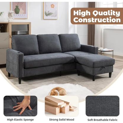Convertible L-Shaped Sectional Sofa with Storage – Modern Velvet Living Room Couch with Cup Holders