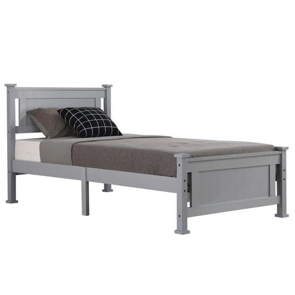 Solid Wood Bed Frame with Geometric Pattern Headboard – Available in Queen, Full, and Twin Sizes, Grey Finish, Easy Assembly, No Box Spring Needed