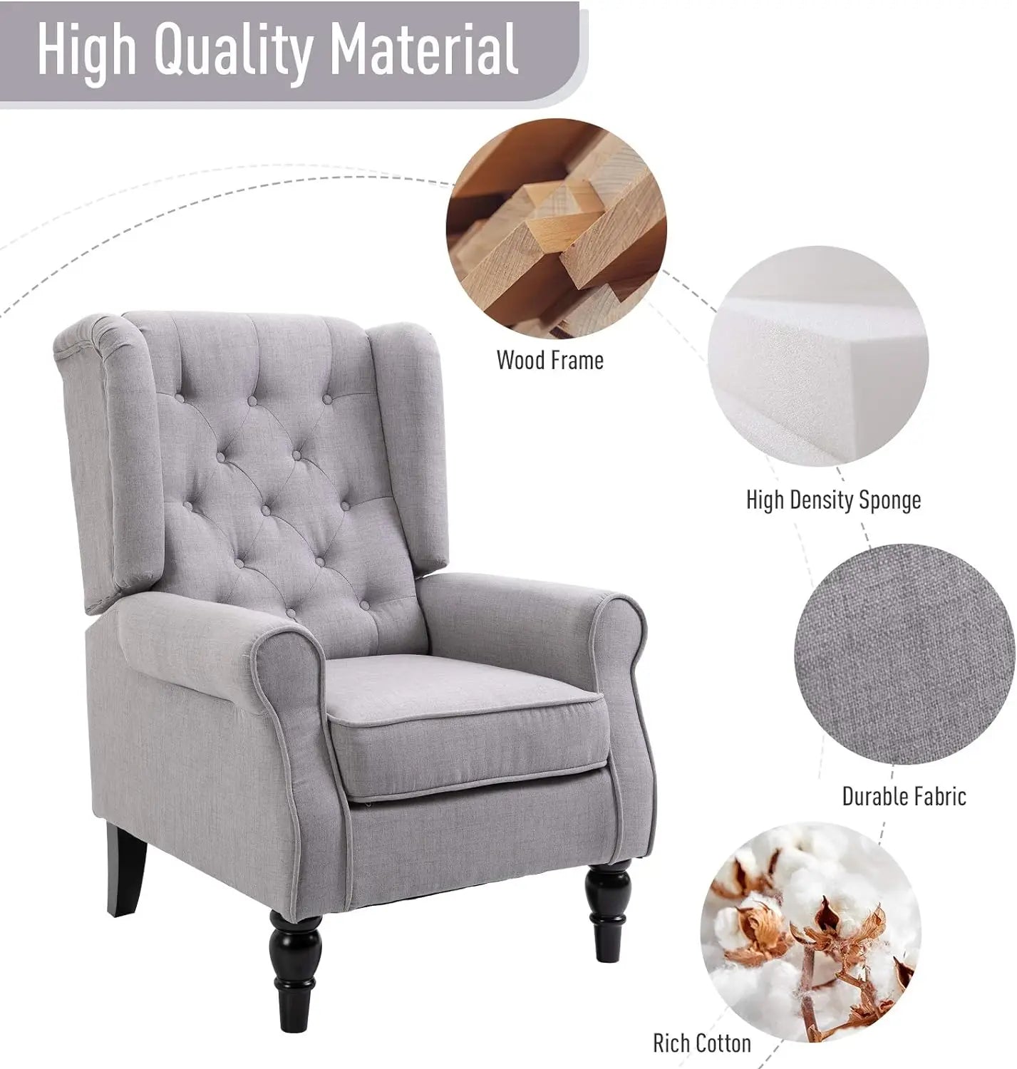 Modern Minimalist Grey Accent Chair with Button Tufted Back – Solid Wood Frame and Padded Comfort