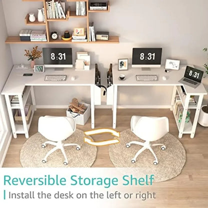 Modern L-Shaped Computer Desk with Built-in Power Strip and Storage Shelves – Wooden