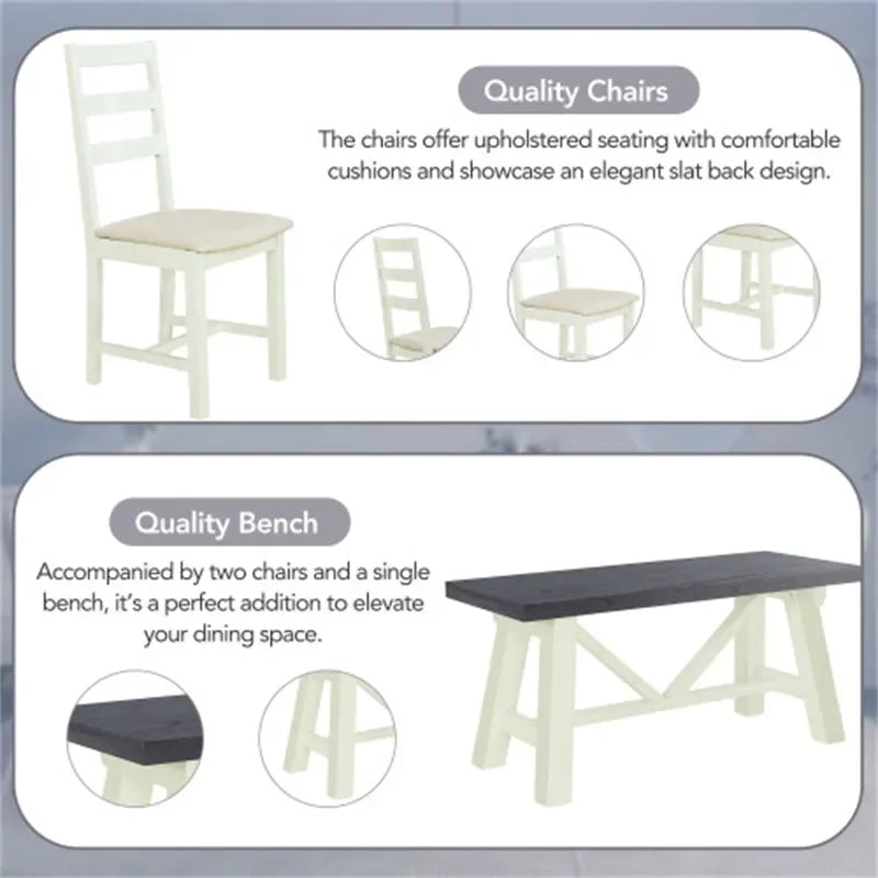 Farmhouse 4-Piece Solid Wood Dining Set with Bench – Rustic, Durable, Easy to Assemble
