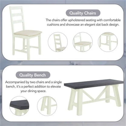 Farmhouse 4-Piece Solid Wood Dining Set with Bench – Rustic, Durable, Easy to Assemble