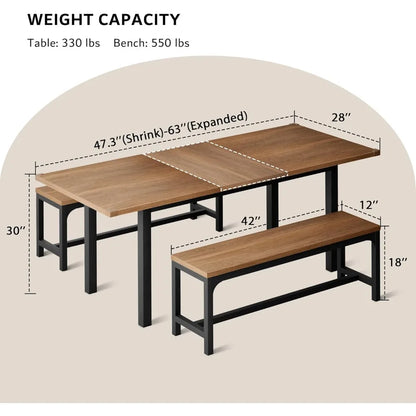 3 Piece 63 Inch Dining Table for 4-6 People, Expandable Dining Table with 2 Benches, Mid Century Modern Kitchen Table Set