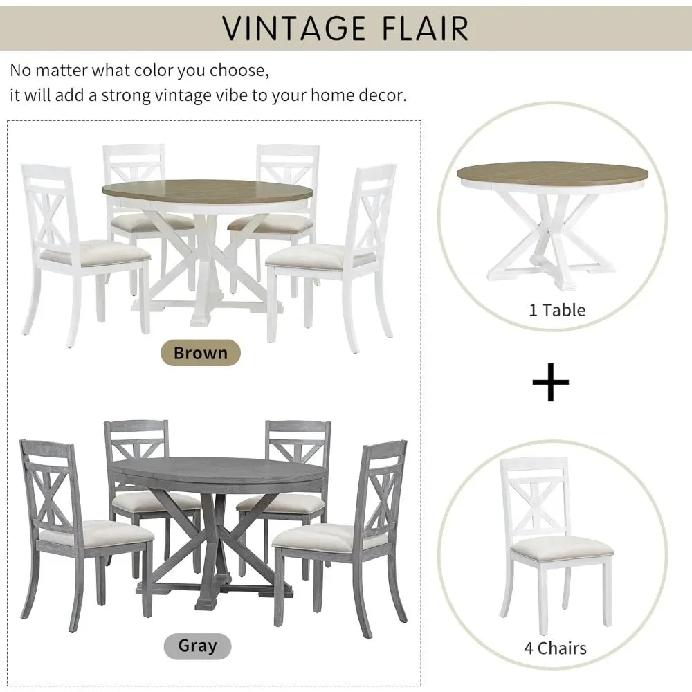 Extendable Round Dining Table Set for 4-6, 5-Piece Solid Wood Dining Set with 12-Inch Leaf