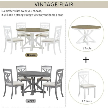 Extendable Round Dining Table Set for 4-6, 5-Piece Solid Wood Dining Set with 12-Inch Leaf