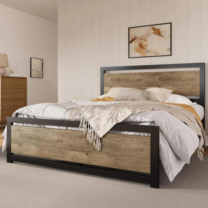 Modern Queen Bed Frame - Sturdy Metal and Wood Construction, No Box Spring Needed