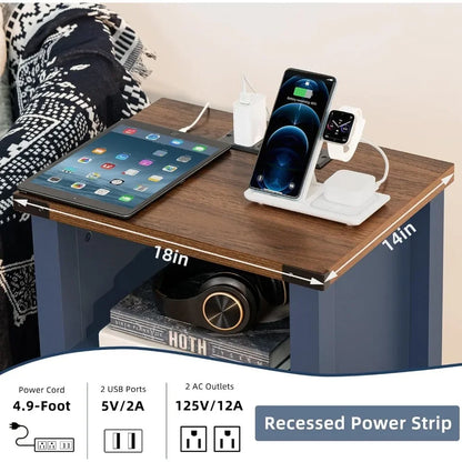 Night Stand Set of 2, 18 Inch Farmhouse Nightstand with with Charging Station and USB Port, Rustic Couch End Table with Magnetic