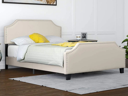 Full Upholstered Linen Platform Bed - Curved Headboard & Footboard with Metal Frame