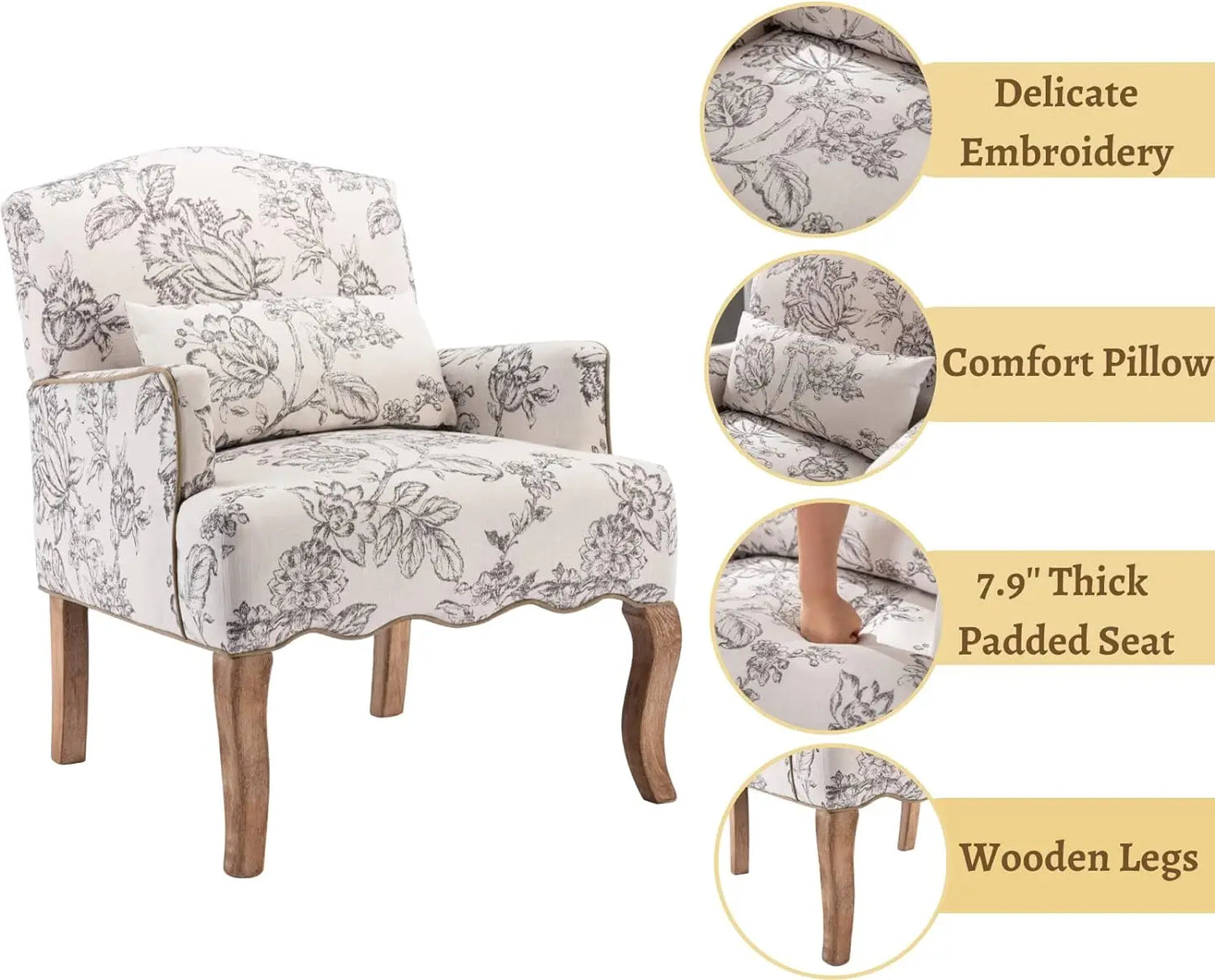 Elegant Modern Armchair with Embroidered Design and Lumbar Support Pillow, 300 lbs Capacity