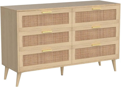 6 Drawer Double Dresser for Bedroom, Rattan Chest of Dressers, Modern Wooden Dresser Chest ,  Living Room and Entryway, Natural