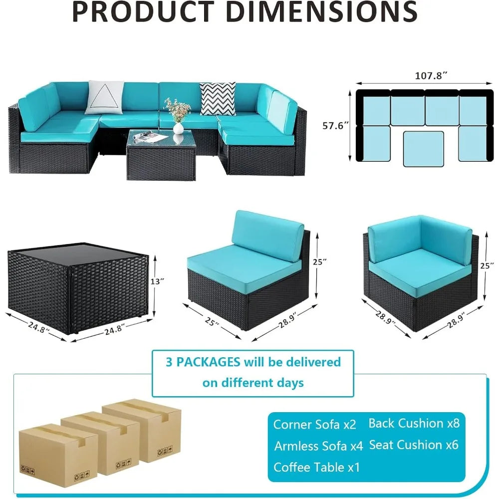 7-Piece Outdoor Patio Furniture Set – PE Rattan Sofa Set with Glass-Top Coffee Table, Cushioned Seating for 6+