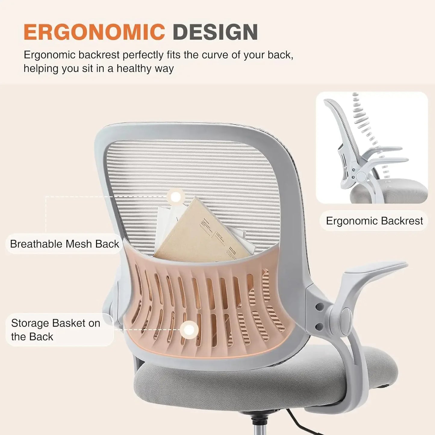 Ergonomic Grey Office Chair - Lumbar Support with Flip-Up Armrests