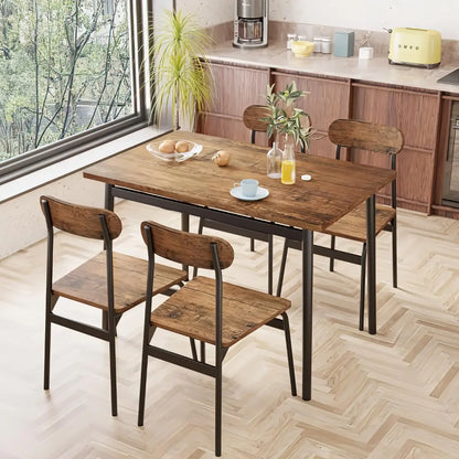Kitchen Dining Table Set for 4, Modern Rectangular 5 Piece Dining Room Table and Chairs Set, Brown wooden Metal Table Set