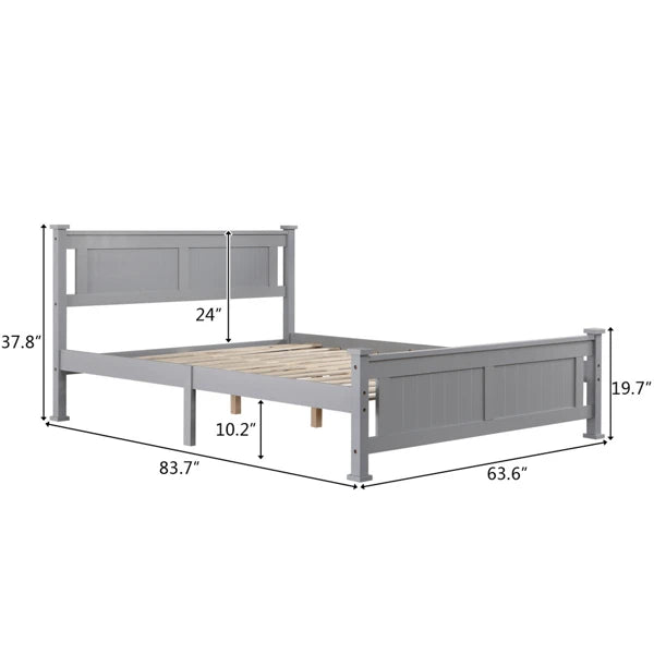 Solid Wood Bed Frame with Geometric Pattern Headboard – Available in Queen, Full, and Twin Sizes, Grey Finish, Easy Assembly, No Box Spring Needed