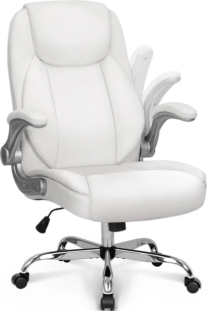 Ergonomic High-Back PU Leather Executive Office Chair with Flip-Up Armrests and Lumbar Support – White