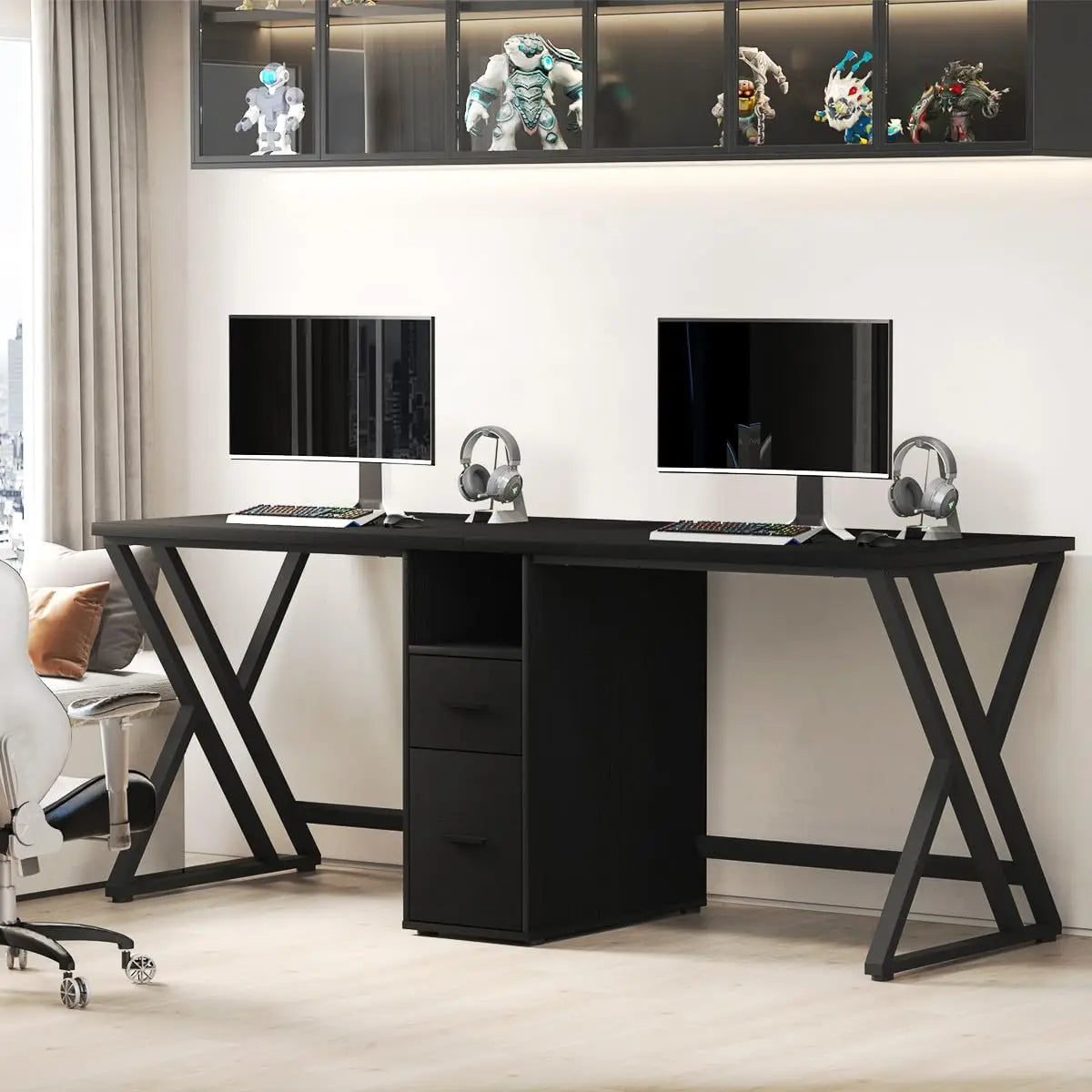 LVB Double Desk - Industrial Style Writing and Computer Desk with Storage