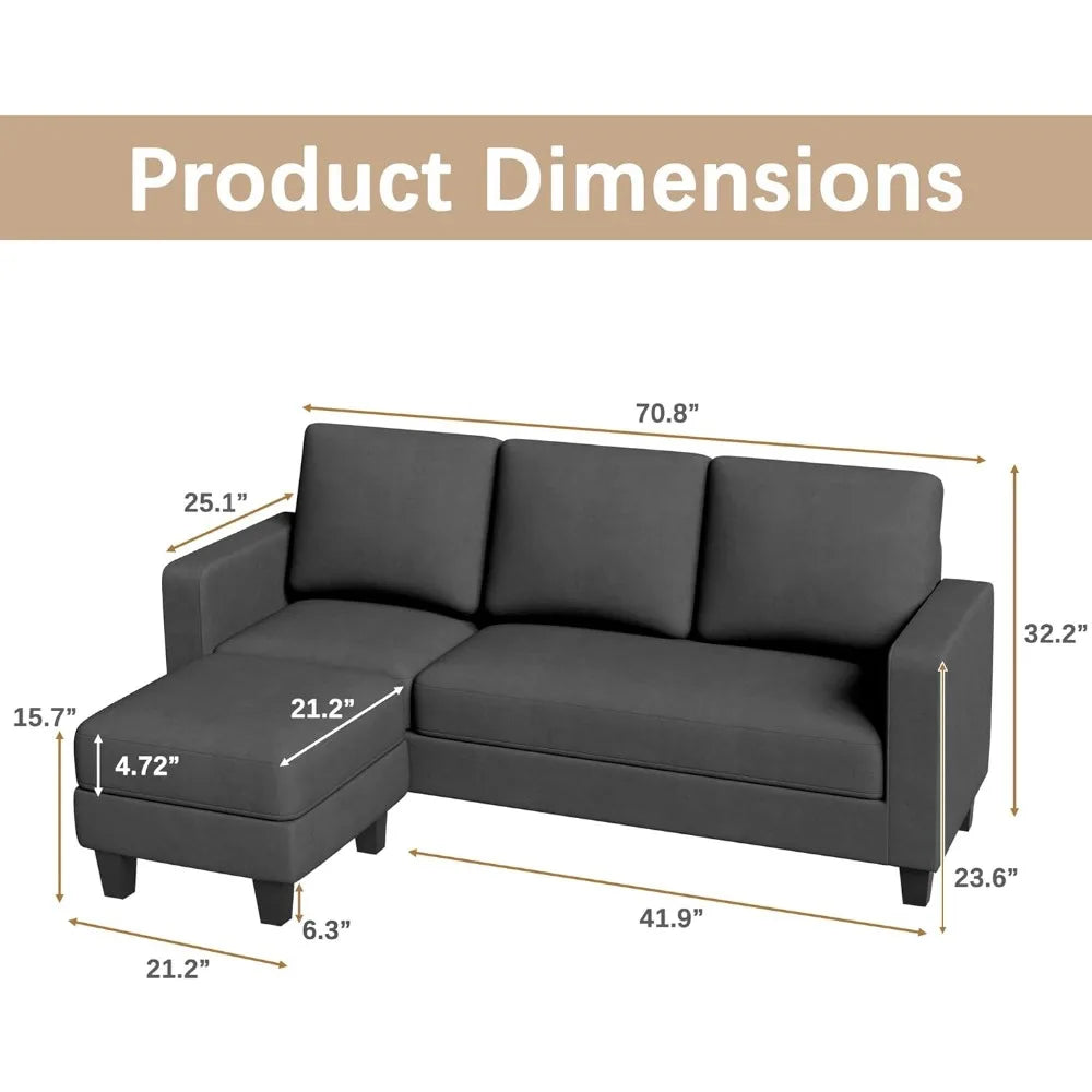 Modular L-Shaped Sectional Couch with Movable Ottoman – Breathable Linen Fabric, High-Density Sponge, and Washable Covers