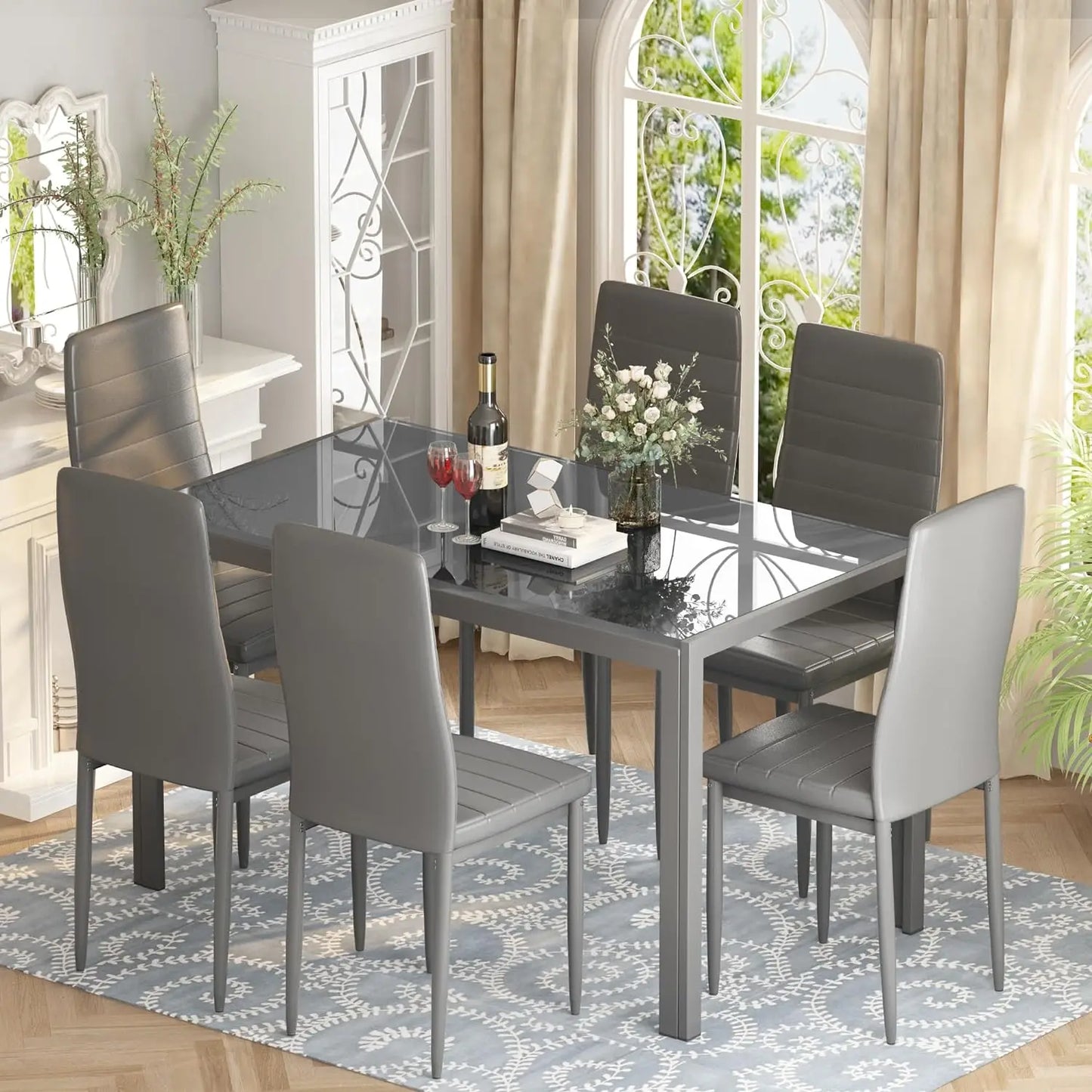 7-Piece Modern Dining Table Set – Rectangular Faux Marble Table with 4 PU Leather Chairs, Space-Saving Design